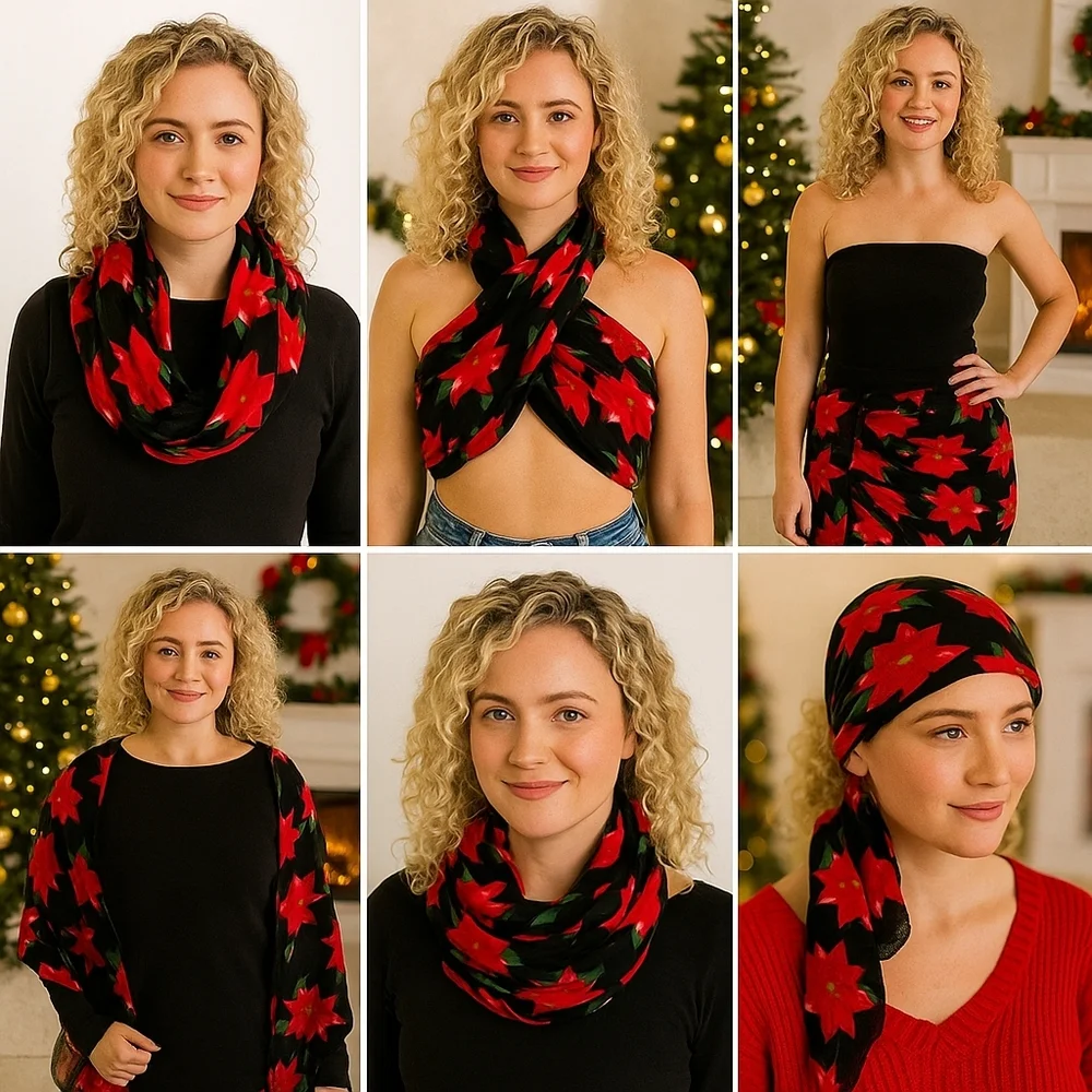 Infinite Scarf Holiday Poinsettia Floral Black and Red Wrap